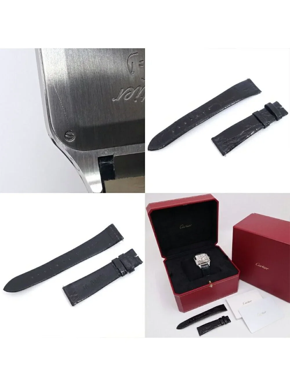 Cartier Santos Dumont LM Watch SS Silver Quartz Leather Box Card
